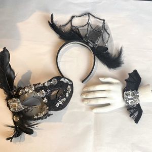 Halloween Mask Set of Embellished Mask Spider Web Headband Bat stretch Bracelet